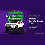 Arte da Promoção Sua Sorte DuraMais+ com RodOil com um Toyota Corolla Cross branco sobre pedestal roxo e o texto concorra a um Corolla Cross 0 km e uma moto Honda CG 160 para o frentista