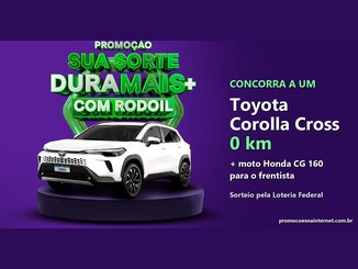 Arte da Promoção Sua Sorte DuraMais+ com RodOil com um Toyota Corolla Cross branco sobre pedestal roxo e o texto concorra a um Corolla Cross 0 km e uma moto Honda CG 160 para o frentista