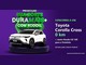 Arte da Promoção Sua Sorte DuraMais+ com RodOil com um Toyota Corolla Cross branco sobre pedestal roxo e o texto concorra a um Corolla Cross 0 km e uma moto Honda CG 160 para o frentista