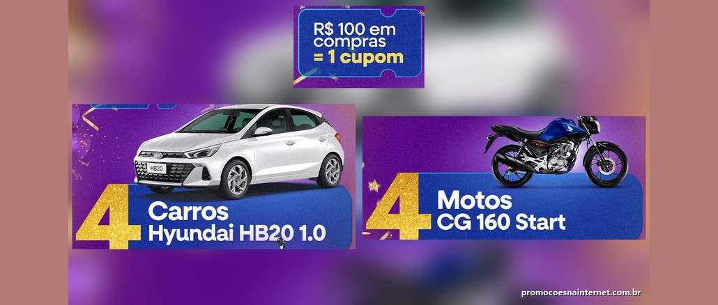 Arte da promoção de 49 anos do Rondon Supermercados com um carro Hyundai HB20 e uma moto Honda CG 160 Start, o aviso de R$100 em compras igual a 1 cupom e fundo roxo de aniversário