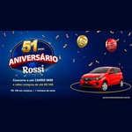 Arte da promoção Aniversário Rossi 51 Anos, com o selo "51 anos Aniversário Rossi", um carro Fiat Mobi vermelho e balões dourado e vermelho sobre fundo azul, com os dizeres "Concorra a um carro 0KM e vales-compras de até R$500" e "R$100 em compras = 1 número da sorte".