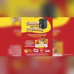 Arte da promoção Sabor que dá Prêmios do Novo Atacarejo, com uma fritadeira Air Fryer Electrolux EAF40 sobre fundo amarelo e vermelho, produtos Sadia, Perdigão e Deline e as regras para ganhar números da sorte.