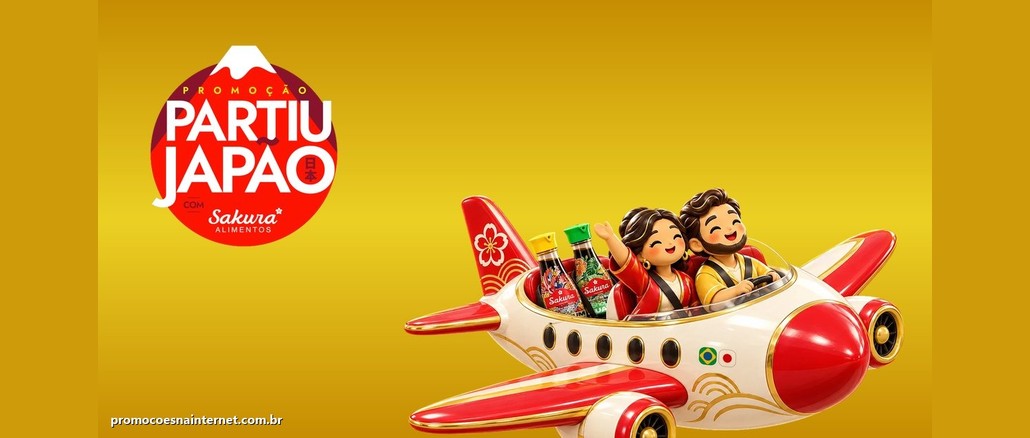 Logotipo da Promoção Partiu Japão com Sakura Alimentos ao lado de um casal sorridente em um avião de brinquedo vermelho e branco, com dois frascos de molho Sakura, sobre fundo dourado.