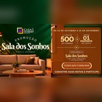 Arte da Promoção Sala dos Sonhos do Casa & Gourmet Shopping: sala com sofá bege e mesa de centro de madeira diante de parede verde, ao lado do painel "A cada R$500 em compras, ganhe 01 número da sorte", válido de 15 de outubro a 15 de novembro.