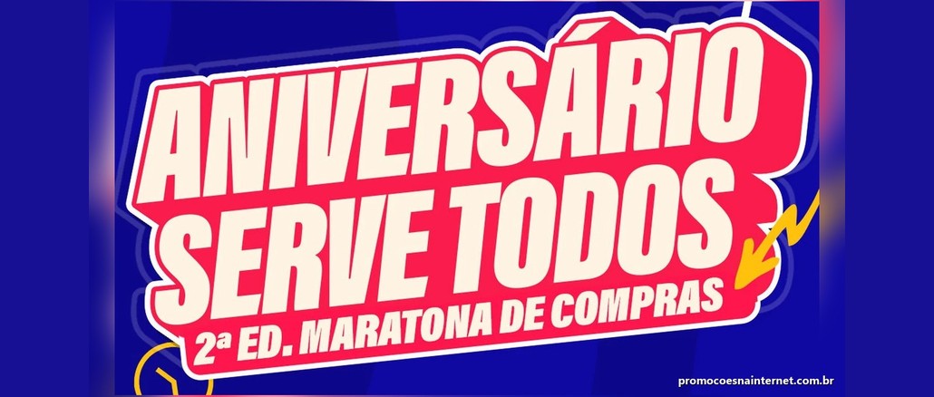 Arte da promoção Aniversário Serve Todos, 2ª edição Maratona de Compras, com o título em letras creme sobre uma caixa rosa de contorno branco e fundo azul.