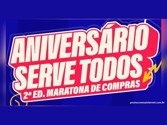 Arte da promoção Aniversário Serve Todos, 2ª edição Maratona de Compras, com o título em letras creme sobre uma caixa rosa de contorno branco e fundo azul.