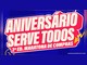 Arte da promoção Aniversário Serve Todos, 2ª edição Maratona de Compras, com o título em letras creme sobre uma caixa rosa de contorno branco e fundo azul.