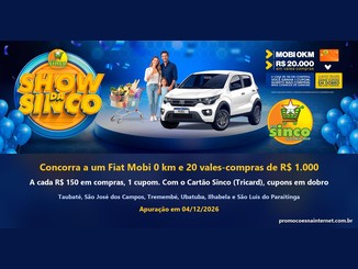 Arte da Promoção Show da Sinco com o logotipo da Rede Sinco, uma família ao lado de um Fiat Mobi branco 0 km, o destaque de R$20.000 em vales-compras e, abaixo, a regra de 1 cupom a cada R$150 em compras, com cupons em dobro no Cartão Sinco (Tricard)
