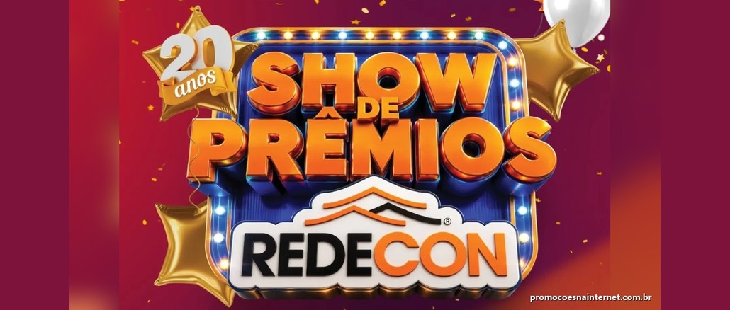 Logotipo do Show de Prêmios Redecon sobre fundo vinho com confetes dourados, balões e o selo de 20 anos