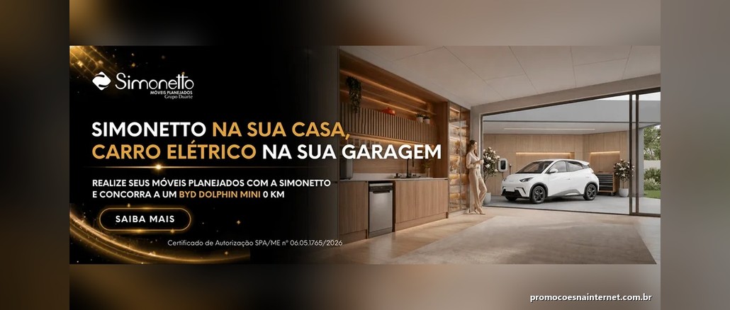 Promoção Simonetto Carro Elétrico Banner da Simonetto Móveis Planejados Grupo Duarte com o texto Simonetto na sua casa, carro elétrico na sua garagem, ao lado de uma cozinha planejada em madeira com uma mulher e um BYD Dolphin Mini branco estacionado na garagem.