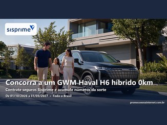 Família caminha ao lado de um SUV Haval preto, com o logo da Sisprime e o texto: Concorra a um GWM Haval H6 híbrido 0km