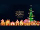 Arte da campanha Um Sonho de Natal BarraShopping com casinhas coloridas de contos de fadas e uma grande árvore de Natal iluminada sob um céu estrelado