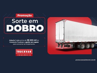 Arte da promoção Sorte em Dobro do Consórcio Truckvan, com um semirreboque furgão branco de três eixos em destaque e a informação de que quem adquirir uma cota acima de R$200 mil ganha um cupom para concorrer ao implemento.
