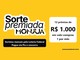 Logotipo da Sorte Premiada Monjuá em fundo amarelo ao lado de um quadro branco com 12 prêmios de R$1.000 em vale-compras, um por mês, e a informação de sorteios mensais pela Loteria Federal com pagamento via Pix.