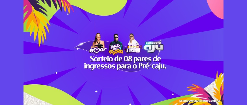 Sorteio Pré-Caju 2026 RioMar Aracaju Arte colorida em roxo com folhas de carnaval e os logotipos dos blocos Com Amor, Eu Não Vou Embora, Bloco da Torcida e Camarote Aju, com o texto Sorteio de 08 pares de ingressos para o Pré-caju