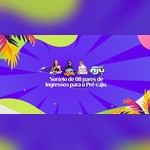 Arte colorida em roxo com folhas de carnaval e os logotipos dos blocos Com Amor, Eu Não Vou Embora, Bloco da Torcida e Camarote Aju, com o texto Sorteio de 08 pares de ingressos para o Pré-caju
