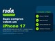 Arte do Sorteio Rodalovers da Roda Conveniência, com fundo azul-escuro, logo "roda" em branco e a frase "Suas compras valem um iPhone 17". À direita, a lista dos prêmios: iPhone 17 de 256 GB, Smart TV LG de 50 polegadas, Air Fryer Mondial de 12 litros e Cafeteira 3 Corações.