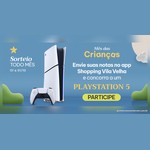Banner azul do Shopping Vila Velha com um PlayStation 5 e controle ao centro, a indicação "Sorteio todo mês" de 01 a 31/10 e a chamada para enviar notas no app e concorrer ao console