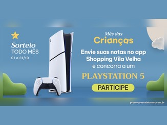 Banner azul do Shopping Vila Velha com um PlayStation 5 e controle ao centro, a indicação "Sorteio todo mês" de 01 a 31/10 e a chamada para enviar notas no app e concorrer ao console