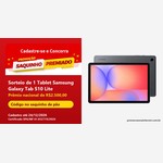 Arte vermelha da Promoção Saquinho Premiado com o texto Sorteio de 1 Tablet Samsung Galaxy Tab S10 Lite, prêmio nacional de R$2.500,00, e a foto do tablet cinza ao lado.