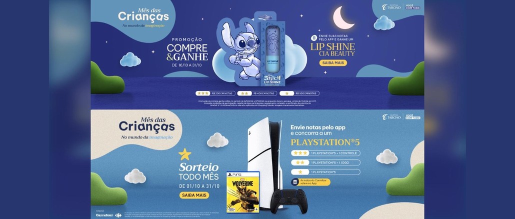 Banners do Mês das Crianças no Shopping Taboão: Compre e Ganhe com Lip Shine Cia Beauty do Stitch e Sorteio Todo Mês com PlayStation 5