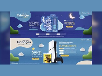Banners do Mês das Crianças no Shopping Taboão: Compre e Ganhe com Lip Shine Cia Beauty do Stitch e Sorteio Todo Mês com PlayStation 5