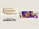 Arte da promoção Emoção ao Máximo, da TCL, com título dourado, uma TV com tela colorida em destaque, dois smartphones e um tablet, e o texto "Concorra a produtos TCL" sobre fundo creme.