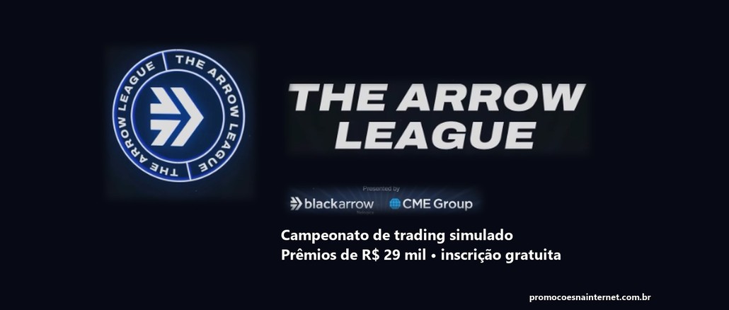 The Arrow League Arte escura com o emblema circular azul da The Arrow League, o título The Arrow League em letras brancas, o selo Presented by BlackArrow Nelogica e CME Group e a frase campeonato de trading simulado com prêmios de R$29 mil e inscrição gratuita.