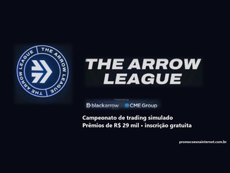 Arte escura com o emblema circular azul da The Arrow League, o título The Arrow League em letras brancas, o selo Presented by BlackArrow Nelogica e CME Group e a frase campeonato de trading simulado com prêmios de R$29 mil e inscrição gratuita.