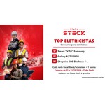 Arte do Concurso Top Eletricistas do Clube Steck, com eletricistas de capacete sobre fundo vermelho e a lista de prêmios: Smart TV 58 polegadas Samsung, celular Galaxy A37 128GB e chopeira EOS Bierhaus 5 litros.