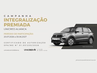 Arte da campanha Integralização Premiada da Unicred Aliança com um Volkswagen T-Cross cinza sobre fundo escuro e o período de participação de 20.07.2026 a 30.06.2027.