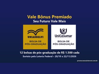 Arte da Promoção Vale Bônus Premiado Seu Futuro Vale Mais com os selos das bolsas de pós-graduação Uniasselvi e Unicesumar sobre fundo azul-marinho.