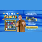Arte da Promoção Vira Sorte, da Tele Sena, com o logotipo da campanha, um painel de 25 peças numeradas e um apresentador sorridente de braços abertos, convidando a comprar a Tele Sena Semanal das edições 127 a 131 e concorrer a até R$50.000,00 em certificado de barras de ouro no palco do SBT.