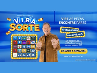 Arte da Promoção Vira Sorte, da Tele Sena, com o logotipo da campanha, um painel de 25 peças numeradas e um apresentador sorridente de braços abertos, convidando a comprar a Tele Sena Semanal das edições 127 a 131 e concorrer a até R$50.000,00 em certificado de barras de ouro no palco do SBT.