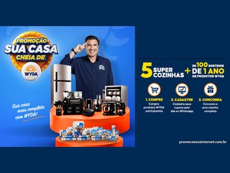 Arte da Promoção Sua Casa Cheia de Wyda com o chef Edu Guedes ao lado de eletrodomésticos e produtos Wyda, e o texto 5 super cozinhas mais mais de 100 sorteios de 1 ano de produtos Wyda