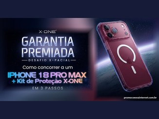 Arte da promoção Garantia Premiada Desafio X-Pacial, da X-ONE, com o texto "Como concorrer a um iPhone 18 Pro Max + Kit de Proteção X-ONE em 3 passos". À direita, um iPhone com capa transparente em tom vinho e anel MagSafe, sobre um fundo espacial com a curvatura de um planeta.