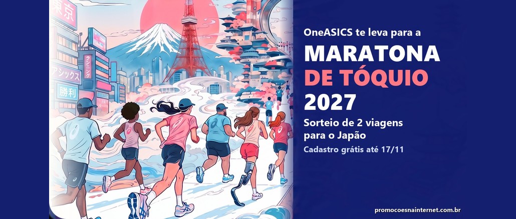 Promoção OneASICS Te Leva para a Maratona de Tóquio Ilustração de corredores de diferentes perfis, incluindo uma atleta com prótese, correndo em direção à Torre de Tóquio, com o Monte Fuji ao fundo, ao lado do texto "OneASICS te leva para a Maratona de Tóquio 2027".