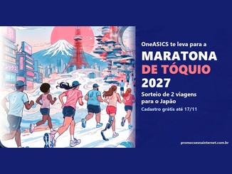 Ilustração de corredores de diferentes perfis, incluindo uma atleta com prótese, correndo em direção à Torre de Tóquio, com o Monte Fuji ao fundo, ao lado do texto "OneASICS te leva para a Maratona de Tóquio 2027".