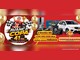 Banner vermelho da Promoção Avança Copa 41 Anos, do Copacabana Supermercados, com mascote em kart segurando um troféu, balões dourados, geladeira, TV, moto, lavadora, fritadeira e um carro Fiat branco.