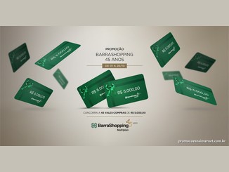 Arte da Promoção BarraShopping 45 Anos com cartões verdes de vale-compras de R$5.000,00 flutuando sobre fundo bege e a frase concorra a 45 vales-compras, de 01 a 26/10