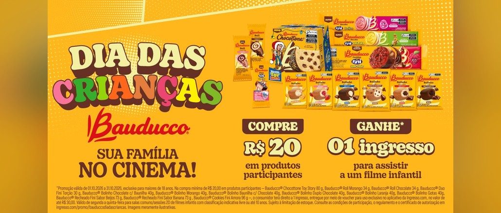Arte da promoção Dia das Crianças Bauducco com fundo amarelo, produtos participantes e a chamada compre R$20 em produtos participantes e ganhe 01 ingresso para assistir a um filme infantil.