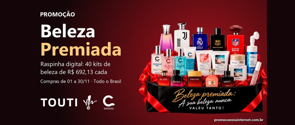 Cesta preta com laço vermelho cheia de perfumes, cremes e cosméticos, ao lado do texto "Promoção Beleza Premiada" e dos logos Touti, Yes! e Amávia.