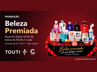 Cesta preta com laço vermelho cheia de perfumes, cremes e cosméticos, ao lado do texto "Promoção Beleza Premiada" e dos logos Touti, Yes! e Amávia.