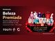 Cesta preta com laço vermelho cheia de perfumes, cremes e cosméticos, ao lado do texto "Promoção Beleza Premiada" e dos logos Touti, Yes! e Amávia.