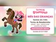 Personagem Boiadeirinha, menina de chapéu de vaqueira rosa, montada no cavalo marrom Blake ao lado do painel com o logo Turma da Boiadeirinha e o texto Mês das Crianças, sorteio de 2 kits, participação grátis, inscrições até 22/11/2026.