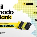 Arte da promoção Brasil em Modo PagBank com o título em letras pretas destacado em amarelo, mapa do Brasil pontilhado em tons de amarelo e azul com as Missões Norte, Nordeste, Centro-Oeste, Sudeste e Sul, quatro cartões PagBank Visa e a faixa "sorteio final de R$500 MIL", com os logos Visa e PagBank.
