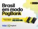 Arte da promoção Brasil em Modo PagBank com o título em letras pretas destacado em amarelo, mapa do Brasil pontilhado em tons de amarelo e azul com as Missões Norte, Nordeste, Centro-Oeste, Sudeste e Sul, quatro cartões PagBank Visa e a faixa "sorteio final de R$500 MIL", com os logos Visa e PagBank.