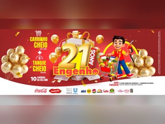 Arte da promoção Carrinho Cheio Tanque Cheio dos 21 anos do Engenho Supermercados, com personagem empurrando carrinho de compras e segurando bomba de combustível, balões dourados e o destaque 10 combos de R$1.400