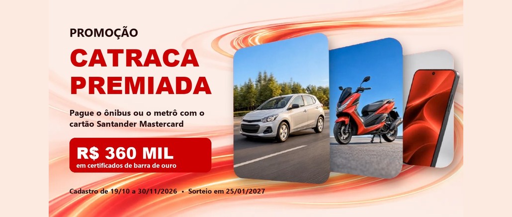Promoção Catraca Premiada Arte da Promoção Catraca Premiada com colagem de um carro, uma moto e um celular, o valor de R$360 mil em certificados de barra de ouro e as datas de participação