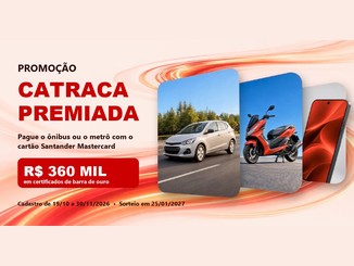 Arte da Promoção Catraca Premiada com colagem de um carro, uma moto e um celular, o valor de R$360 mil em certificados de barra de ouro e as datas de participação